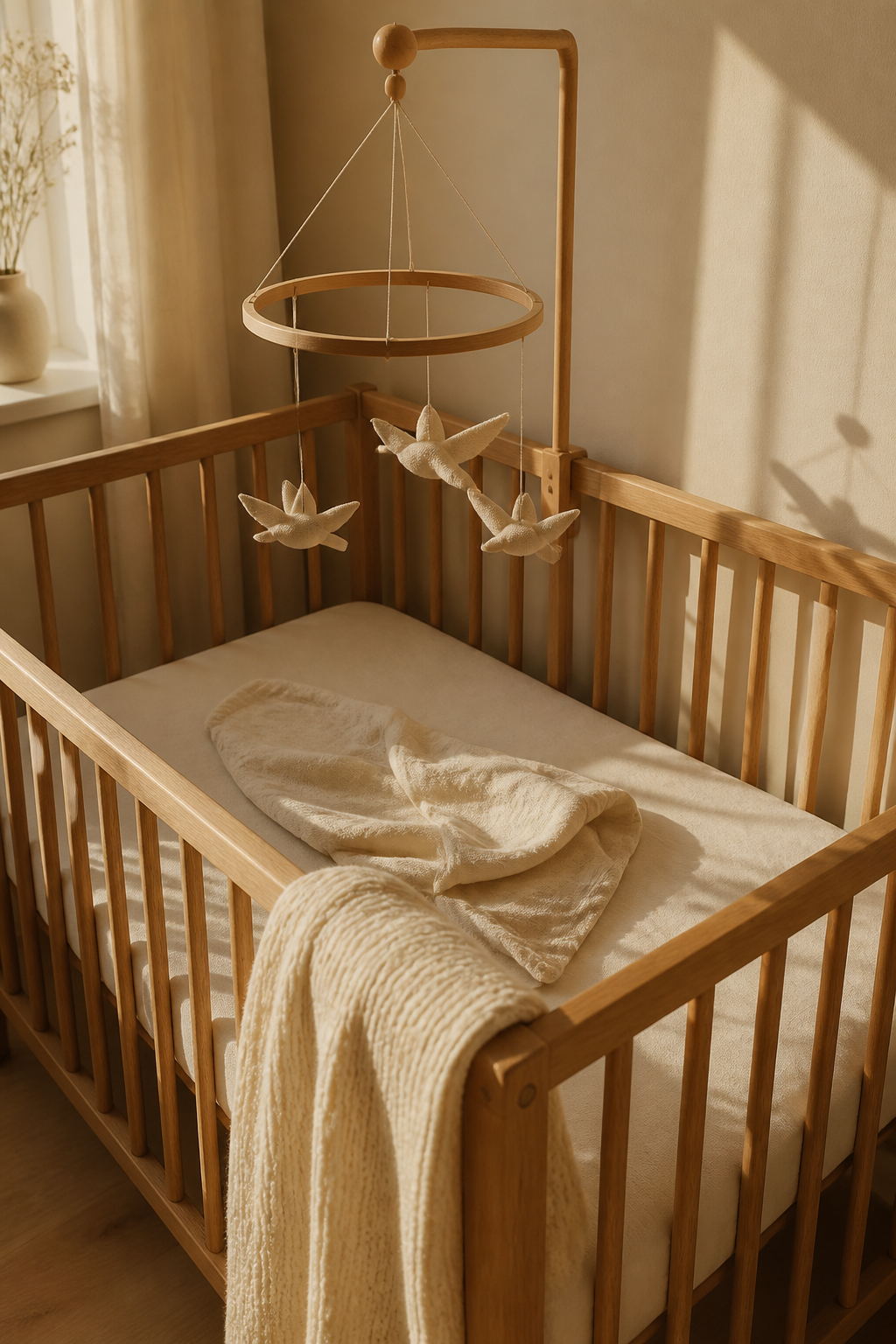 Empty wooden crib and a simple mobile in warm nursery light.